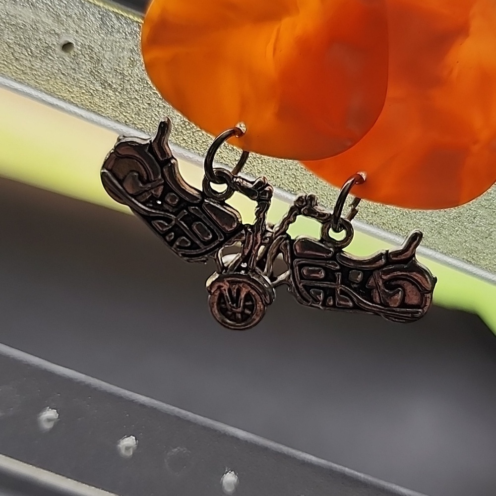 Handmade Orange Dangle Earrings with Black Accents - Picture 4 of 6